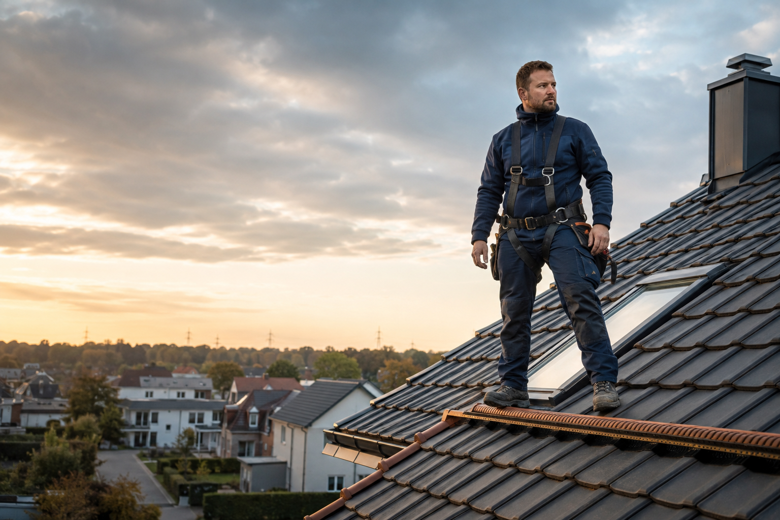 Dachdecker auf einem neu gedeckten Hausdach